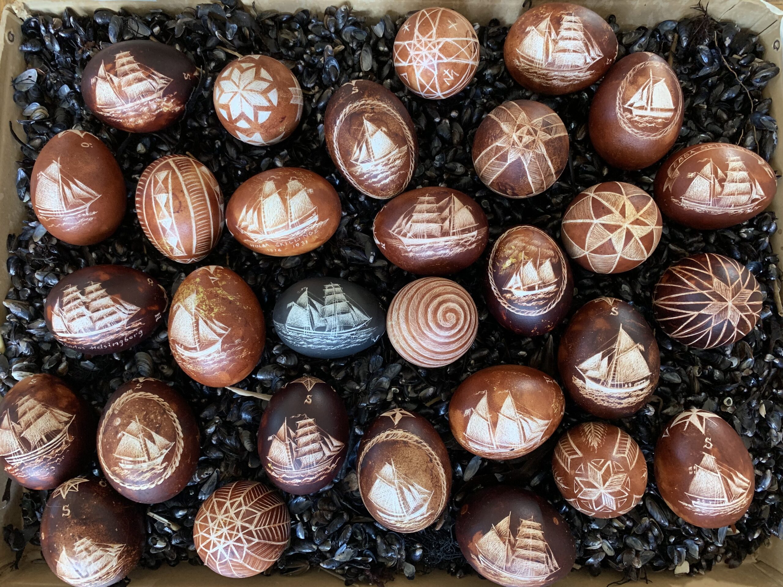 Carved eggs with ship motif by Maria Lancing