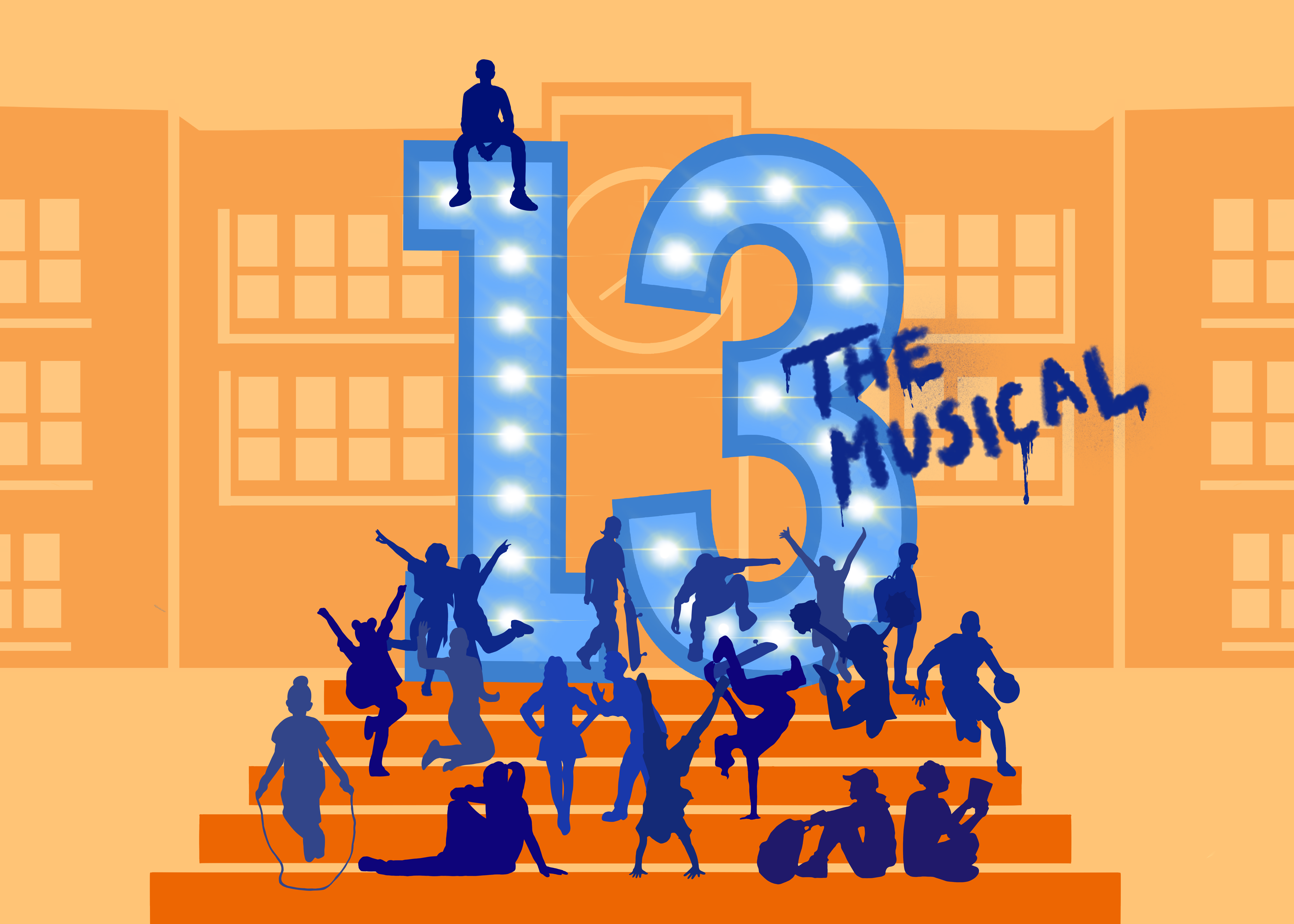Ein Cartoonbild mit einer Vielzahl von Kindern, die auf einer orangefarbenen Treppe stehen, sitzen, Seil springen und mehr. Dreizehn sind in großen Zahlen gedruckt, und darauf ist "das Musical" gekritzelt. Im Hintergrund ist ein großes schulähnliches Gebäude zu sehen.