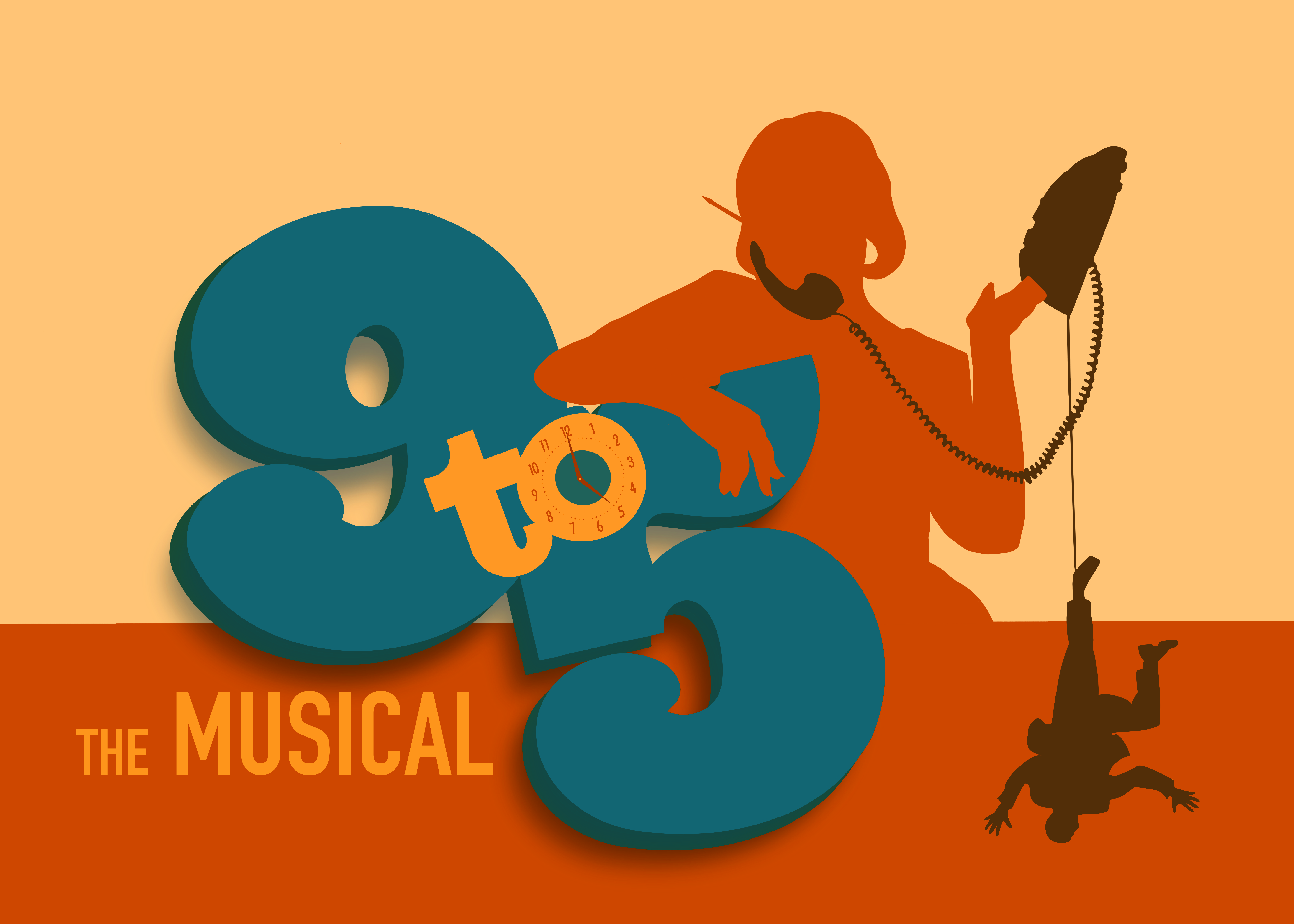 A cartoon image of a woman's silhouette leaning against the numbers "9 to 5". The woman is holding a telephone receiver to her ear. A man silhouette dangles from the phone cord